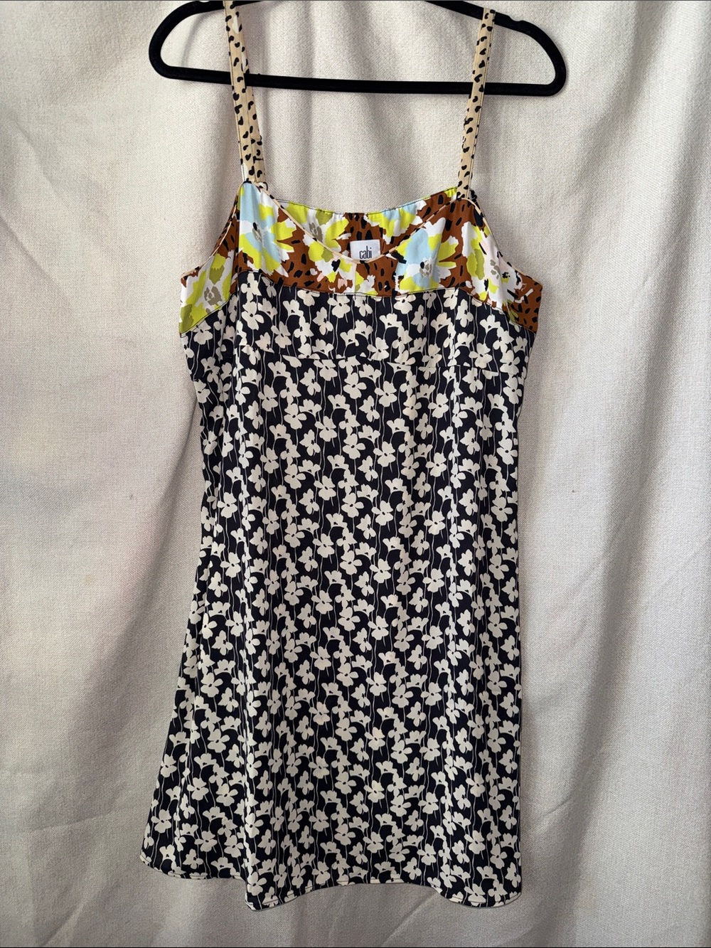 CAbi Black & White Floral Slip Dress with Multicolor Yoke sz L #6642